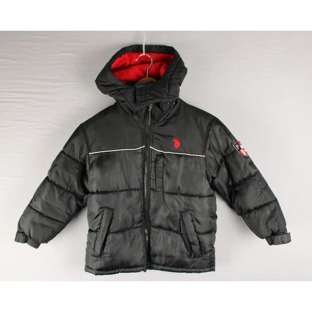 U.S. Polo Assn Puffer Jacket Black Logo Sleeve Hood Zip Pockets Lined Size 5/6